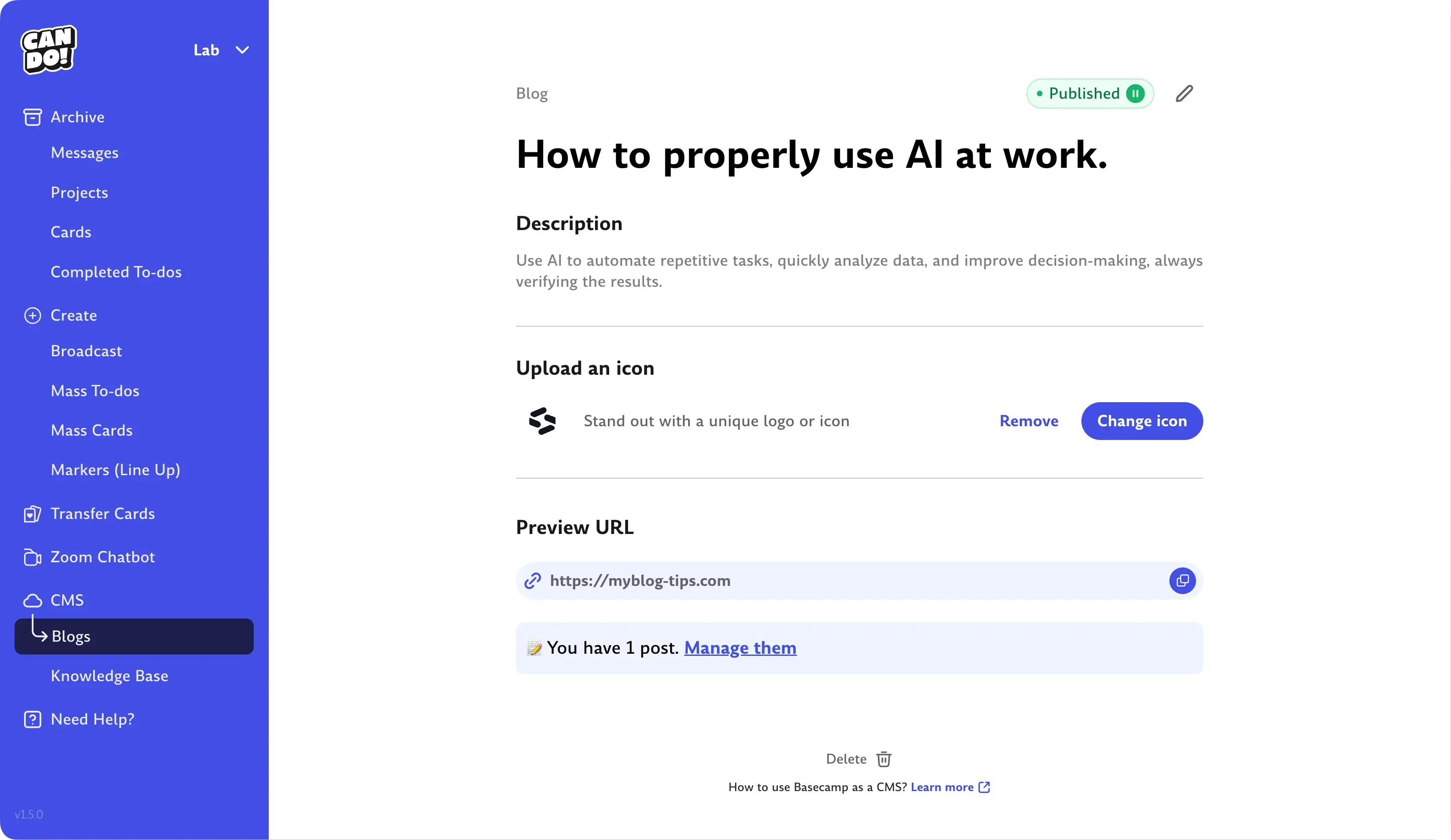 Can Do blog management interface for Basecamp